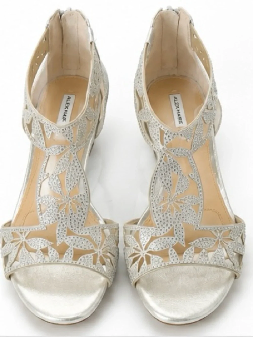 Alex Marie Silver Embellished T-Strap Wedge Sandals